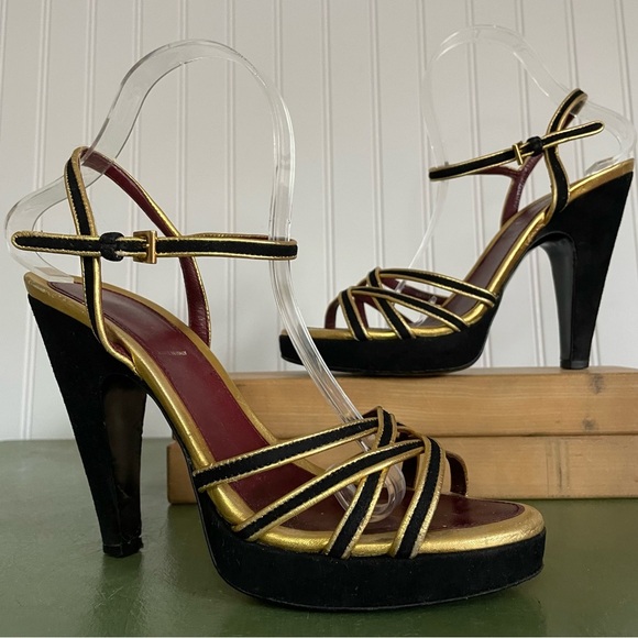 Prada Black Suede & Gold Strappy Platform Heels/Sandals *Italy* - Picture 10 of 12